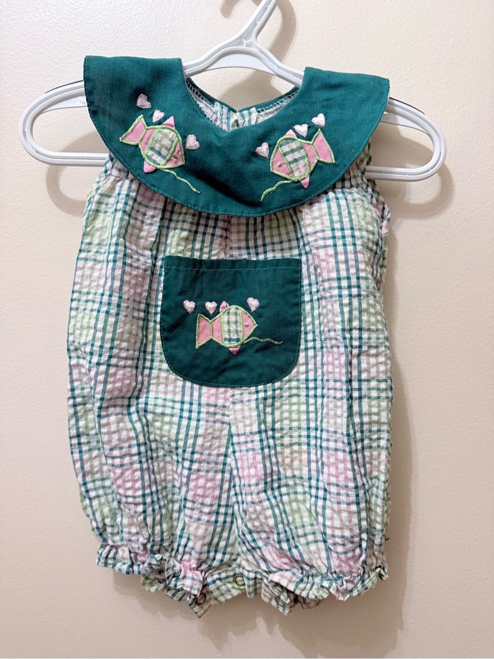 Vintage Y2K Seer Sucker Bubble Bibbed Romper Pastel Sea Beach Fish Embroidered 6